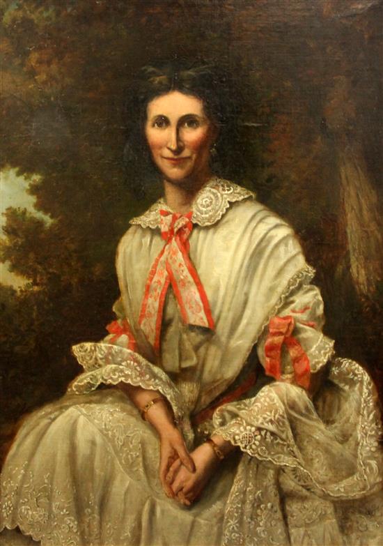 Victorian School Portrait of a lady wearing a lace trimmed white dress, 40 x 30in.